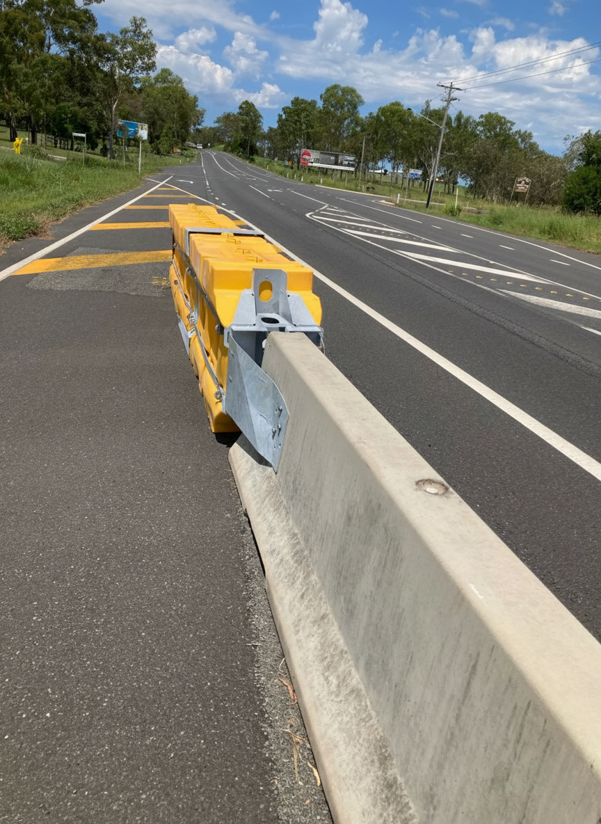 Concrete barrier with water-filled end treatment on a highway shoulder